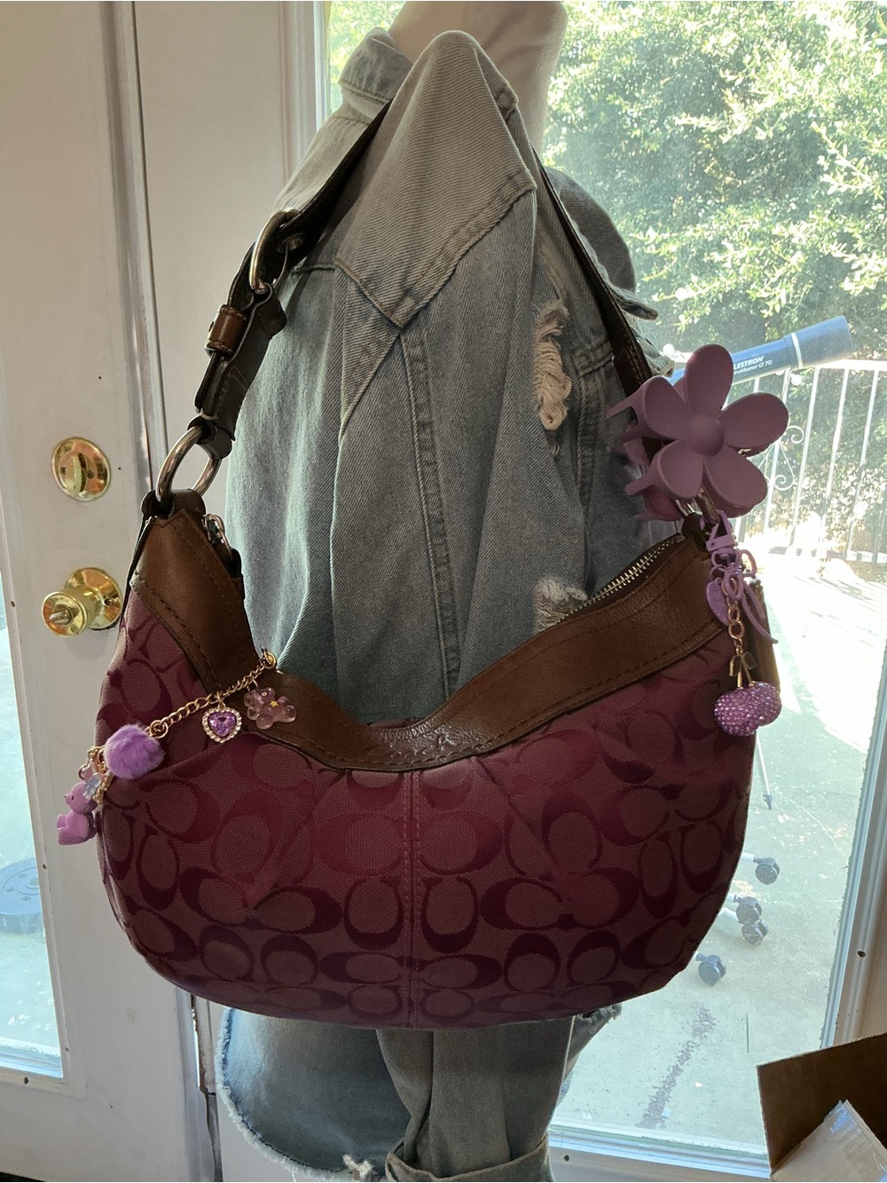 Coach Plum Signature Hobo with Brown Trim and Floral Charm